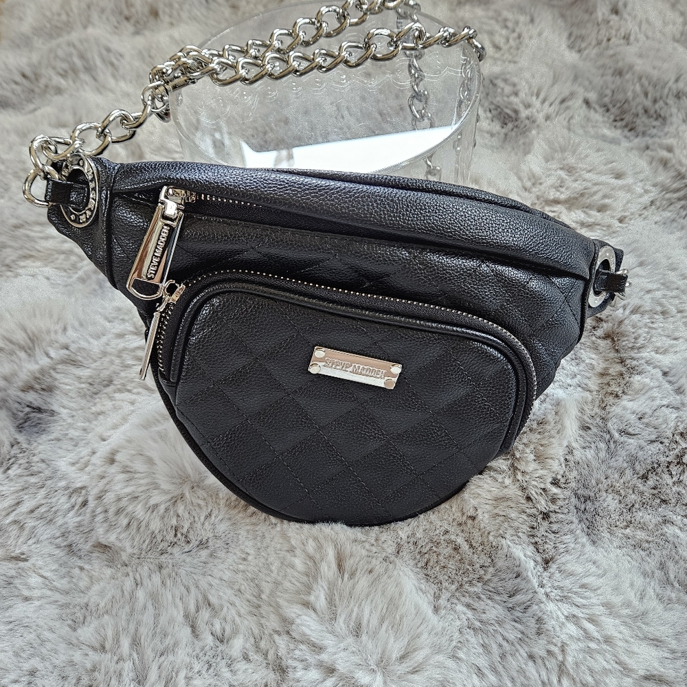 Bum Bag By Steve Madden 🖤 Black Quilted Vegan Leather With Silver Chain